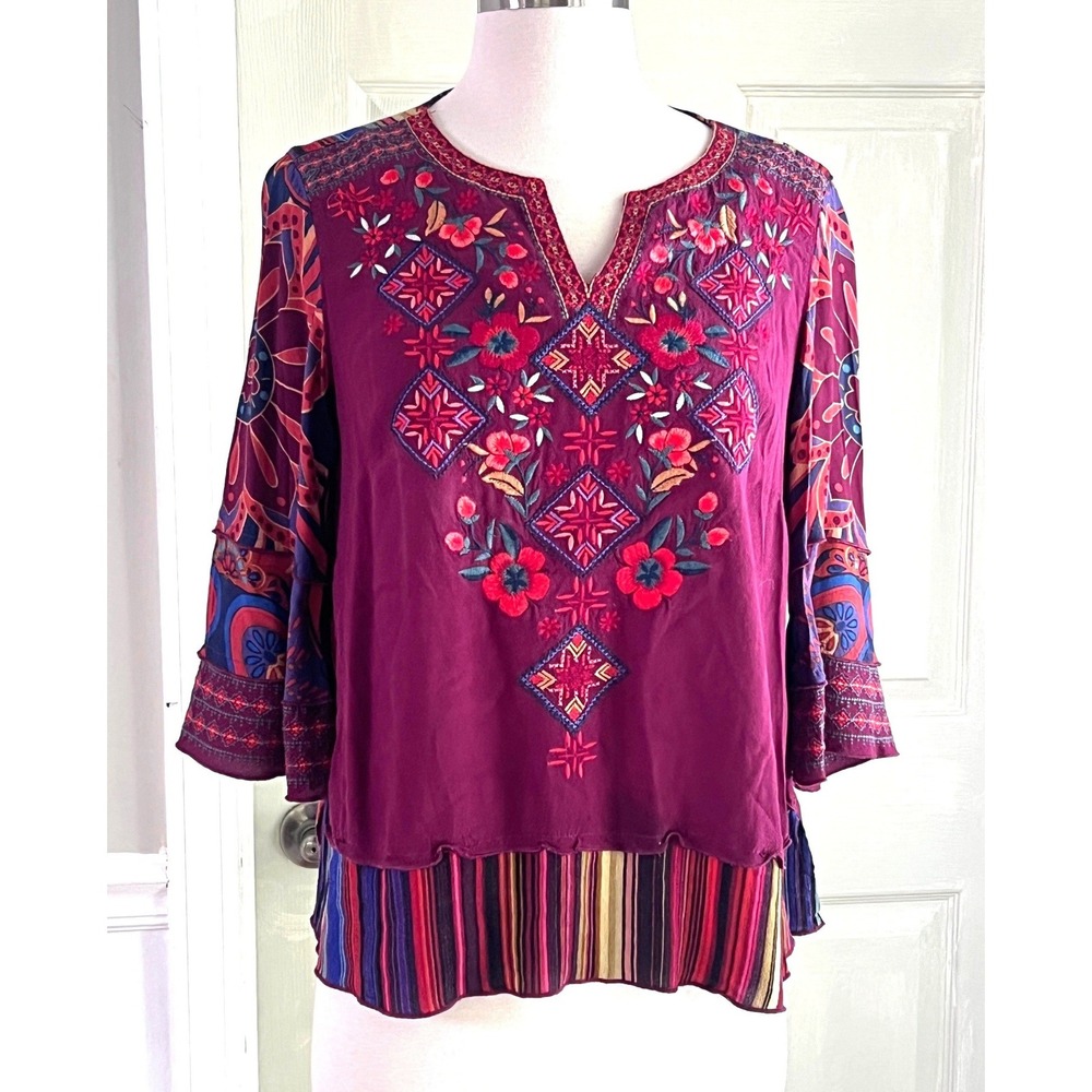 John Mark Embroidered Blouse PS Womens Boho Mixed Print Burgundy Pink Peasant